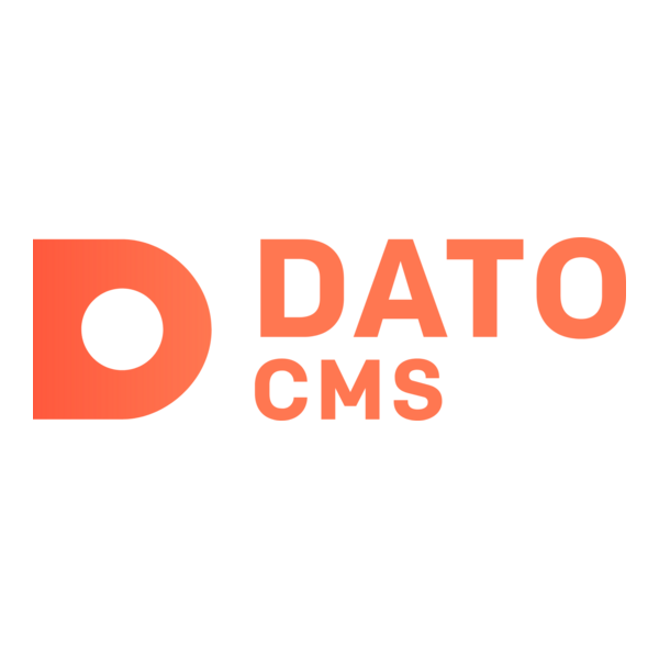 Logo DatoCMS przedstawia wyrazisty pomarańczowy kształt geometryczny umieszczony obok słowa „DATO” napisanym wielkimi pomarańczowymi literami, nad napisem „CMS” wykonanym mniejszymi pomarańczowymi literami – wszystko to na białym tle, co doskonale oddaje nowoczesny i dynamiczny wizerunek firmy datocms.