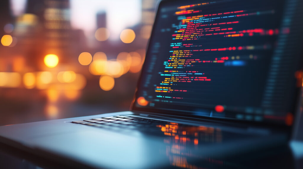Na biurku stoi laptop, na którego ekranie widoczne są kolorowe linijki kodu, a w tle rozmyty pejzaż miejski i ciepłe światła, co sugeruje wieczorną sesję programowania poświęconą szybkiemu opracowaniu MVP.