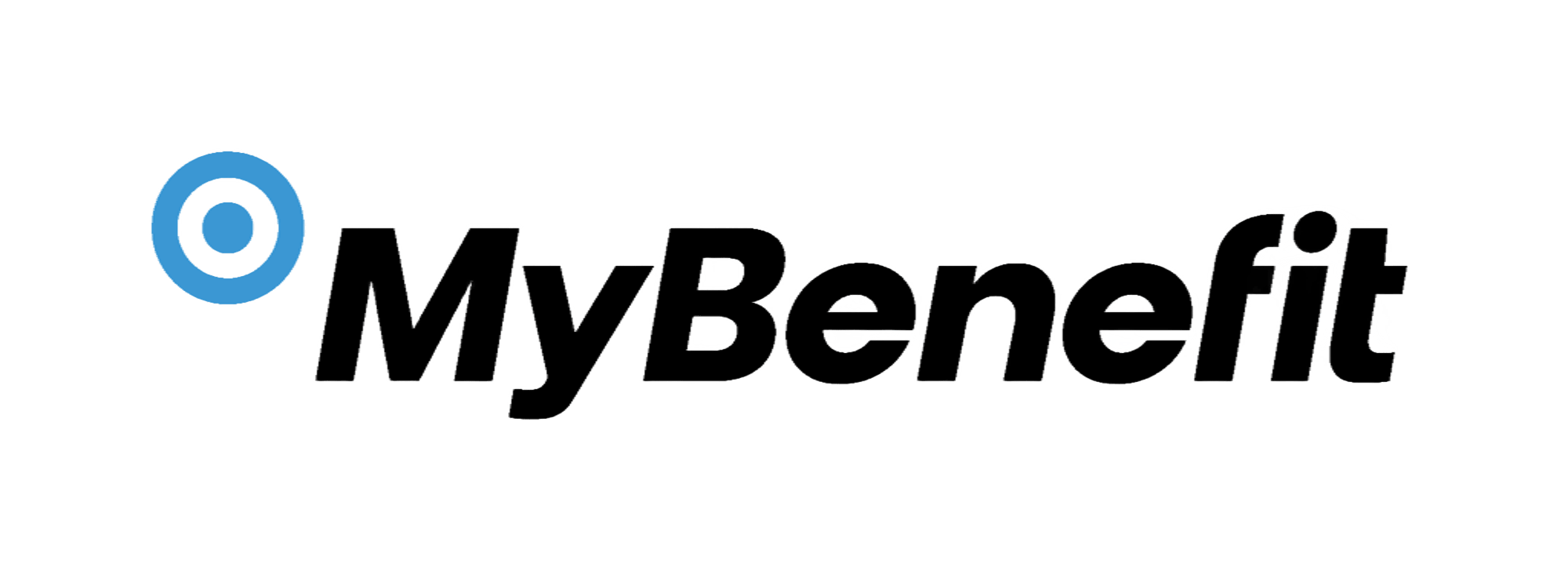 W tekście logo widnieje napis „MyBenefit” pogrubioną czarną czcionką. Przed literą „M” znajduje się niebiesko-białe koło w kształcie tarczy. Tło jest jasnoszare.