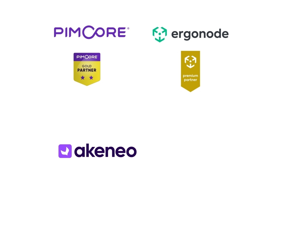 Logotypy i odznaki partnerów Pimcore, Ergonode i Akeneo. Odznaki Pimcore i Ergonode oznaczają odpowiednio status partnera złotego i premium.
