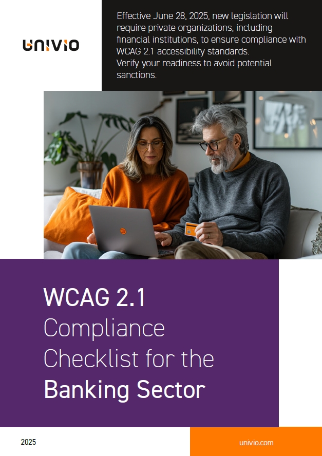 Two older adults sit on a couch, looking at a laptop. One holds a credit card. Text overlays introduce the WCAG Compliance Checklist for Banking Websites and highlight new WCAG 2.1 requirements effective June 28, 2025.