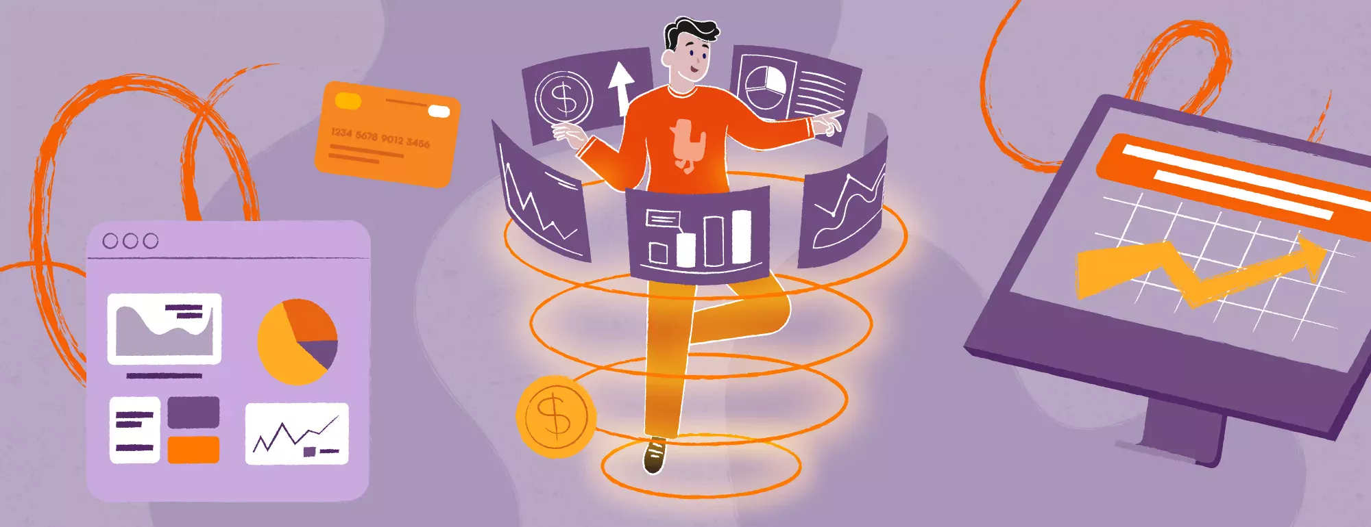 Ilustracja osoby otoczonej pływającymi wykresami danych, wykresami, kartą kredytową i monitorem komputera z rosnącymi wykresami, symbolizującymi finanse, analitykę i technologię cyfrową.