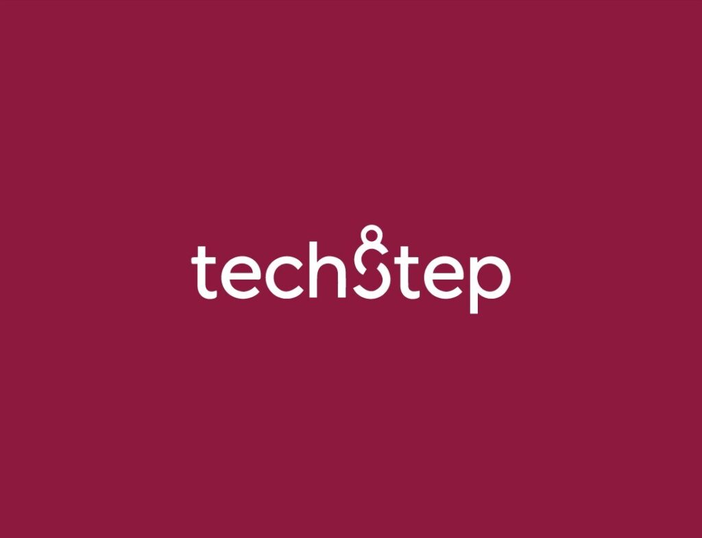 White text on a maroon background spelling techstep. The letters are all lowercase, and the s in step is stylized to look like an ampersand (&).