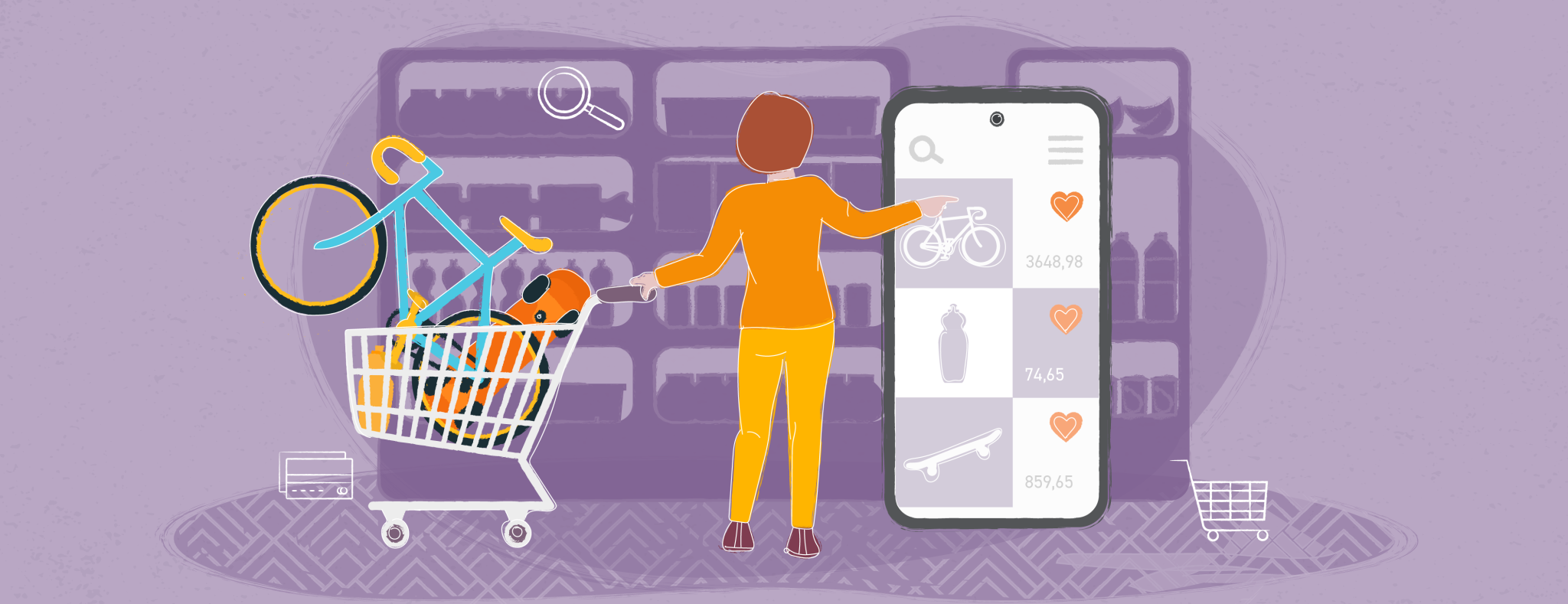 Illustration of a person with a shopping cart full of sports items looking at a large smartphone screen displaying an online shopping app, with product images, prices, and heart icons for favorites.
