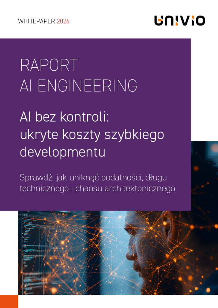 Okładka raportu zatytułowanego „Raport AI Engineering”, poświęconego ukrytym kosztom szybkiego rozwoju sztucznej inteligencji. W tle widoczny jest mężczyzna patrzący na interfejs cyfrowy z niebieskimi i pomarańczowymi węzłami łączącymi. Tekst jest w języku polskim.