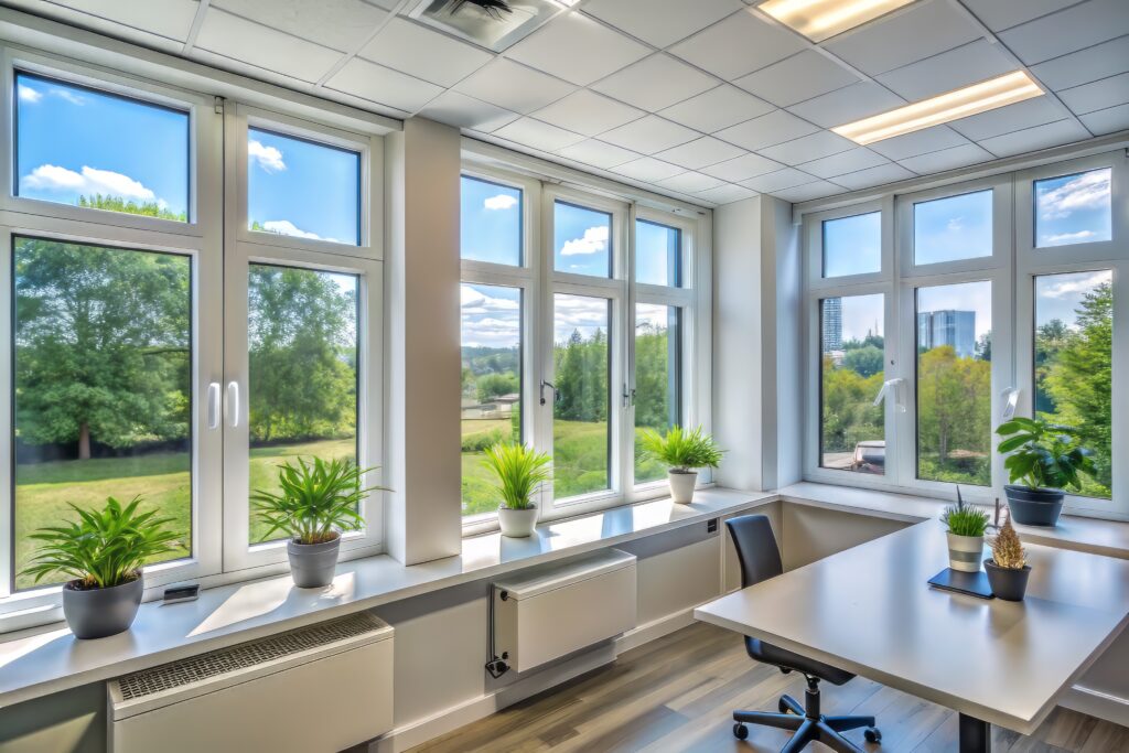Modern office with large windows, several potted plants on the windowsill, white desks, chairs, and a green view of trees and buildings outside under a sunny blue sky with clouds—an inspiring space where manufacturers streamline their workflow using innovative tools like a Product Configurator.