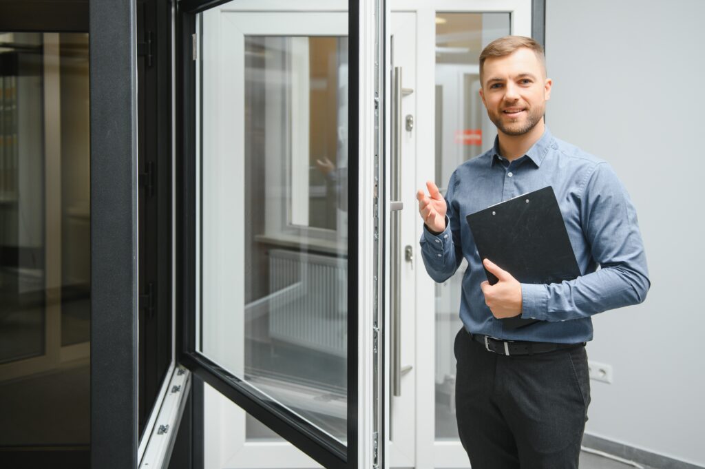 A man in a blue shirt holds a black clipboard and smiles while standing next to an open window inside a modern building, embodying the confidence of manufacturers who rely on quote automation for efficiency.