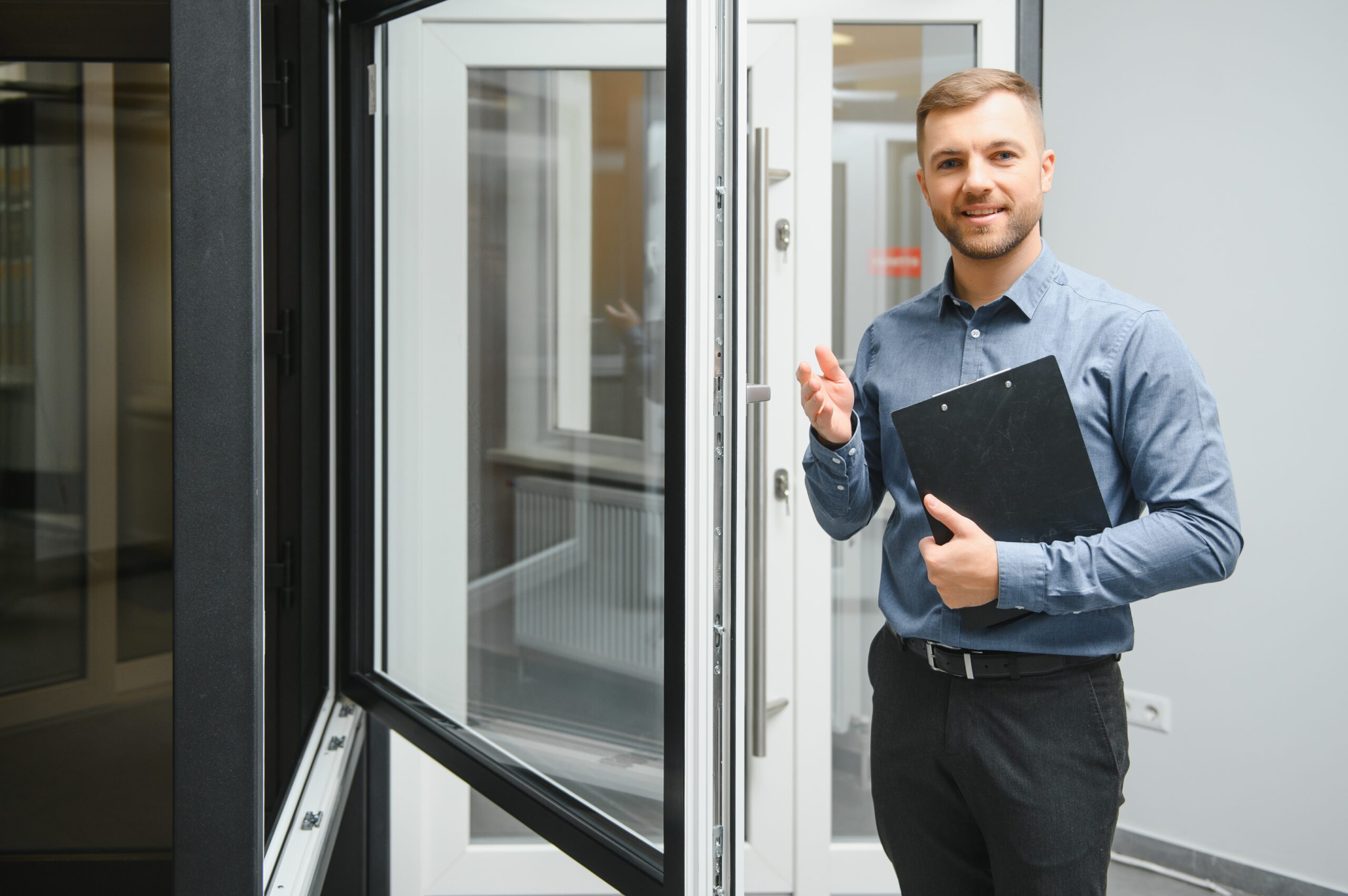 A man in a blue shirt holds a black clipboard and smiles while standing next to an open window inside a modern building, embodying the confidence of manufacturers who rely on quote automation for efficiency.