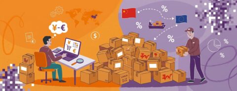 Ilustracja przedstawiająca osobę siedzącą przy komputerze z symbolami walut — nawiązującymi do popularnych platform, takich jak AliExpress czy Temu — oraz inną osobę przenoszącą pudła, co symbolizuje handel międzynarodowy między Chinami a UE. W tle widoczne są statki, wykresy, „cło na towary z Chin” oraz znaki procentowe.