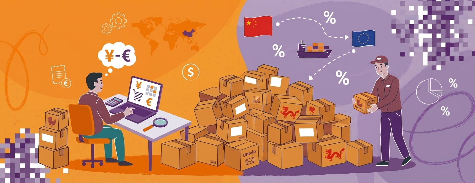 Ilustracja przedstawiająca osobę siedzącą przy komputerze z symbolami walut — nawiązującymi do popularnych platform, takich jak AliExpress czy Temu — oraz inną osobę przenoszącą pudła, co symbolizuje handel międzynarodowy między Chinami a UE. W tle widoczne są statki, wykresy, „cło na towary z Chin” oraz znaki procentowe.
