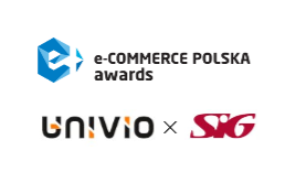 E-Commerce Polska Awards logo above Univio and SIG logos, highlighting their recognition as best in e-commerce. Univio appears in black and orange text, with SIG in red text—showcasing leaders in e-commerce B2B.