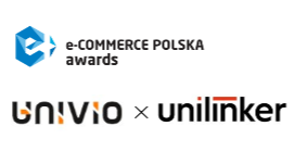 Logo for e-Commerce Polska Awards, highlighting excellence in e-commerce B2B, displayed above the Univio and Unilinker logos, separated by an “x” on a white background.