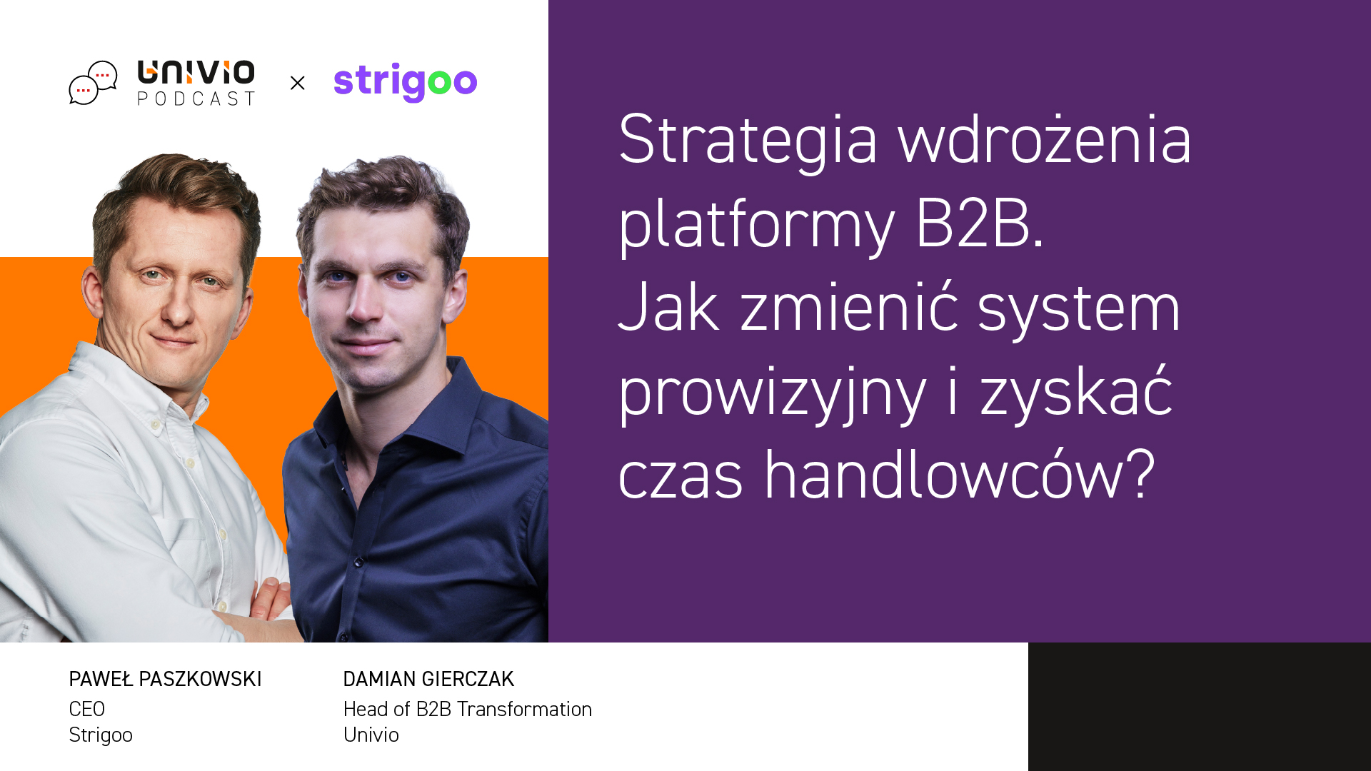 Obok grafiki podcastu stoją dwaj mężczyźni. Tekst dotyczy strategii platformy B2B, usprawnienia systemów prowizyjnych dla handlowców oraz analizuje, w jaki sposób ekspansja zagraniczna w e-commerce może stworzyć nowe możliwości rozwoju. Nazwiska i stanowiska: Paweł Paszkowski, dyrektor generalny Strigoo, oraz Damian Gierczak, kierownik ds. transformacji B2B w firmie Univo.