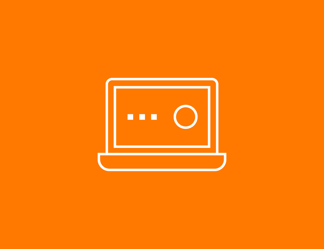 White outline of a laptop with a screen showing three dots and a circle, centered on a solid orange background—perfect for illustrating Quote Automation or Product Configurator solutions for manufacturers.