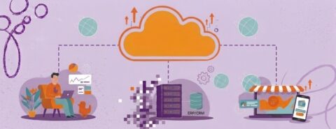 Ilustracja przedstawiająca chmurę obliczeniową: osoba korzystająca z laptopa, serwery z napisami „ERP” i „CRM” oraz sklep internetowy połączone z ikoną centralnej chmury, symbolizującą integrację danych i systemów umożliwioną przez usługi chmurowe.