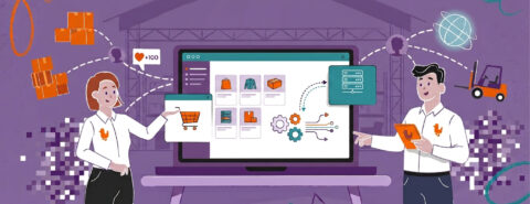Dwie osoby stoją przy dużym laptopie, na którego ekranie wyświetlane są grafiki związane z handlem elektronicznym, w tym koszyki na zakupy i paczki. Na fioletowym tle otaczają je ikony związane z technologią, wysyłką i globalnymi połączeniami, tworząc idealne tło dla studium przypadku dotyczącego handlu elektronicznego w sektorze B2B.