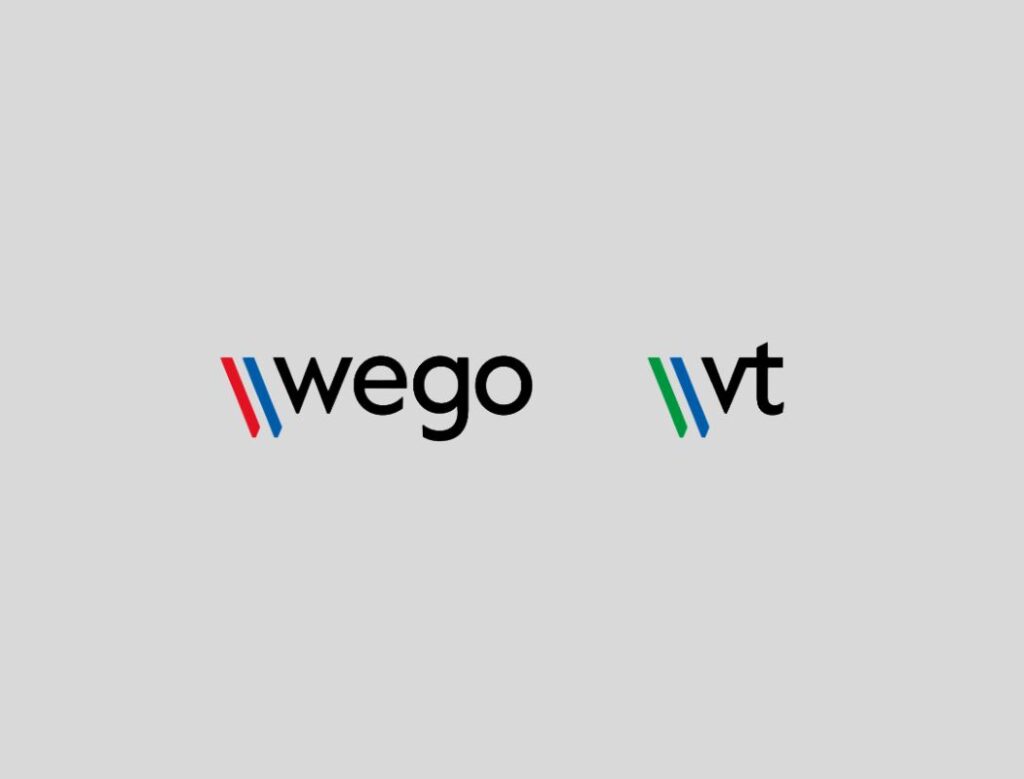 Two minimalist logos on a light gray background: one says wego with red and blue diagonal lines, referencing Wego Systembaustoffe GmbH’s innovative approach in B2B E-commerce Transformation, while the other says vt with blue and green diagonal lines. Both use modern, rounded black text.