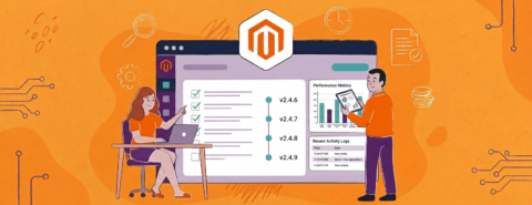 Kobieta przy biurku i mężczyzna z tabletem przeglądają na ekranie komputera wskaźniki panelu administracyjnego Magento oraz informacje o aktualizacjach wersji, skupiając się na wynikach sprzedaży internetowej i optymalizacji doświadczeń klientów, a nad nimi widnieje logo Magento.
