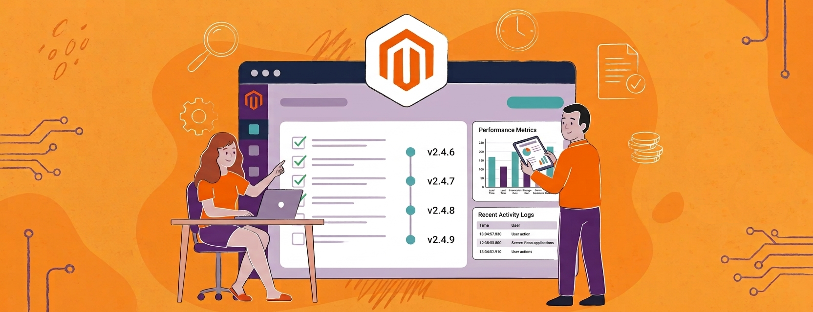 Kobieta przy biurku i mężczyzna z tabletem przeglądają na ekranie komputera wskaźniki panelu administracyjnego Magento oraz informacje o aktualizacjach wersji, skupiając się na wynikach sprzedaży internetowej i optymalizacji doświadczeń klientów, a nad nimi widnieje logo Magento.