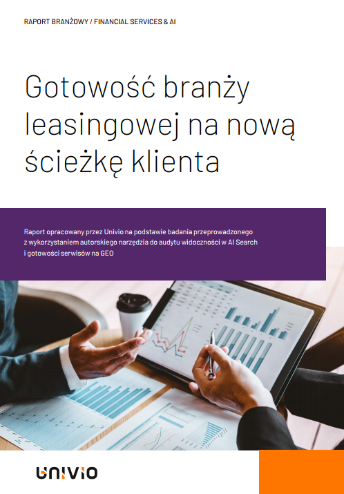 Okładka raportu w języku polskim poświęconego gotowości branży leasingowej do wprowadzenia nowej ścieżki obsługi klienta, zawierająca wykresy, diagramy oraz osoby analizujące dane na papierze i na tablecie.
