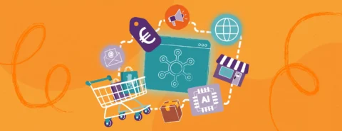 Ilustracja przedstawiająca wózek sklepowy, układ AI, sklep, metkę z ceną, opakowanie, wiadomość e-mail, megafon i globus połączone wokół centralnego ekranu sieciowego na pomarańczowym tle.